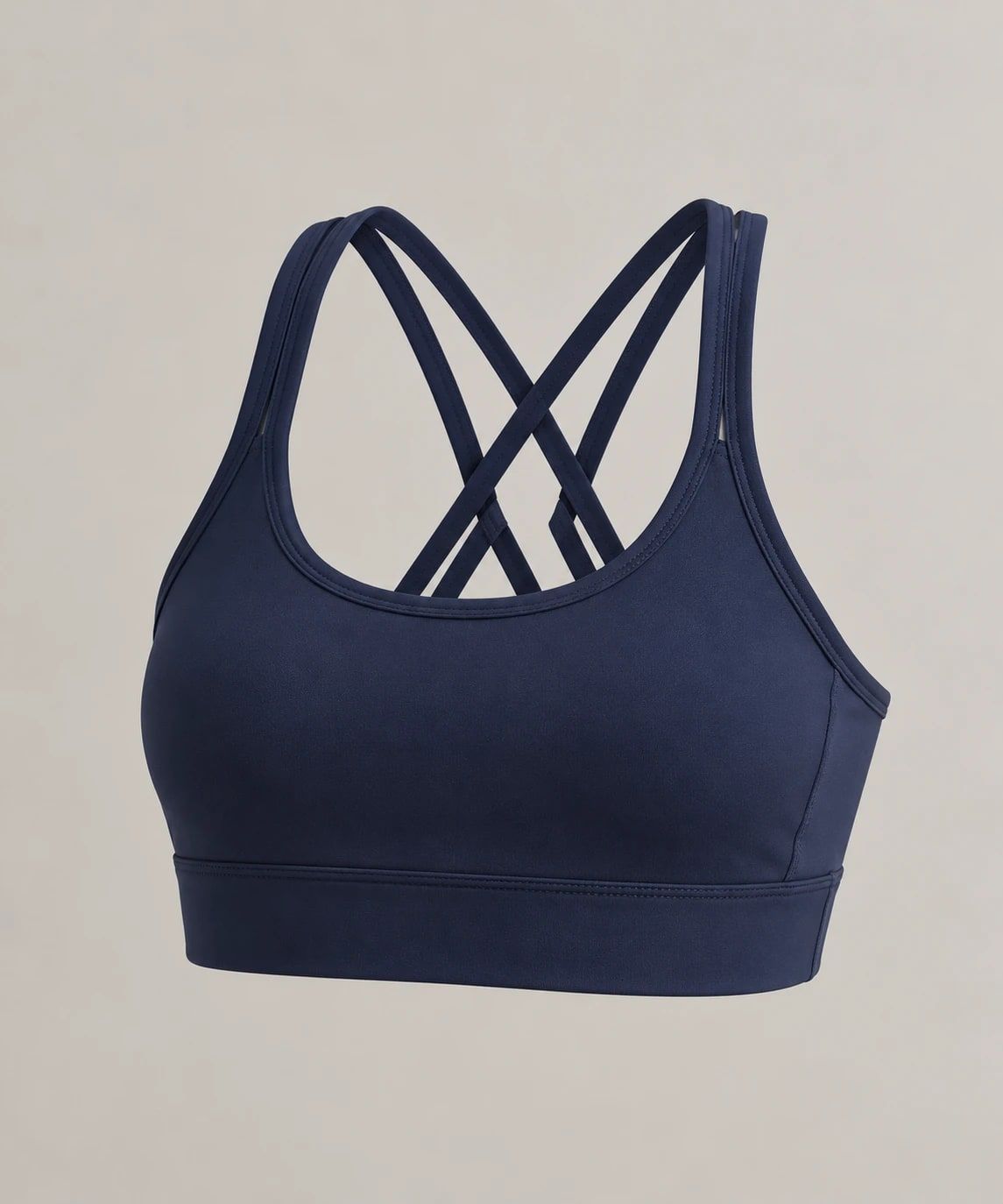 Navy sports bra with crossed back straps