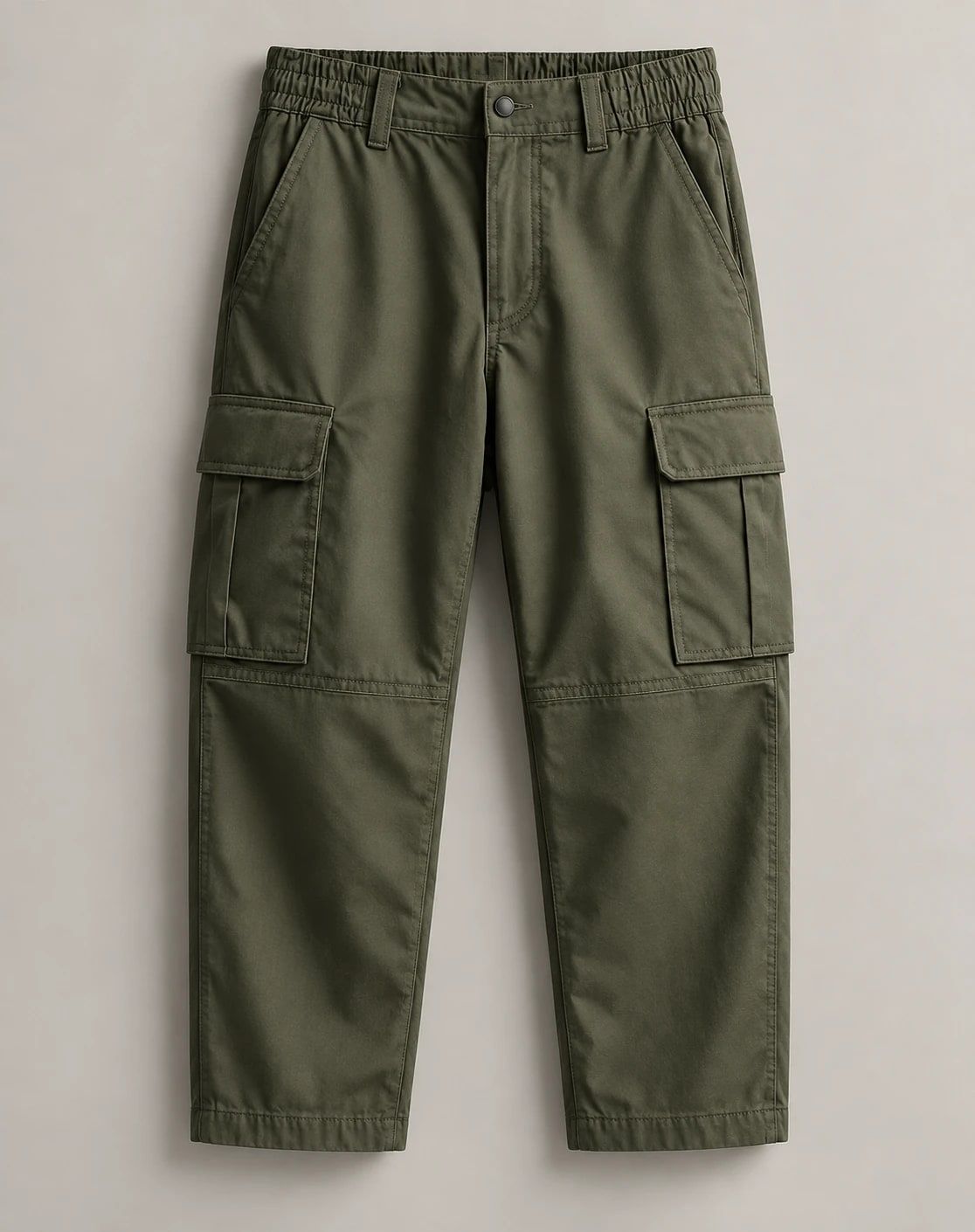 Olive green cargo trousers laid flat
