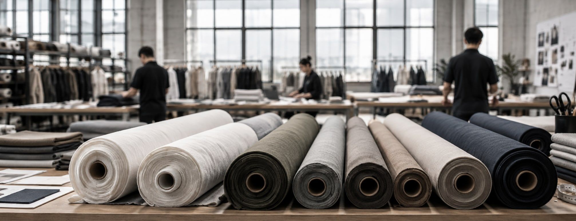 Rolls of fabric in neutral colors on a table in a product studio