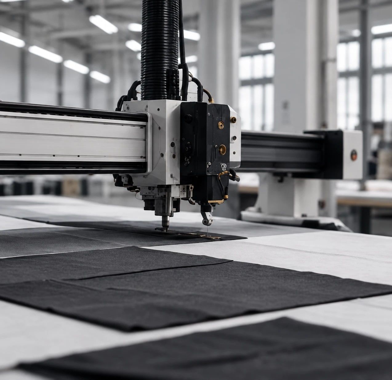 Automated fabric cutting machine cutting black fabric panels in a modern factory
