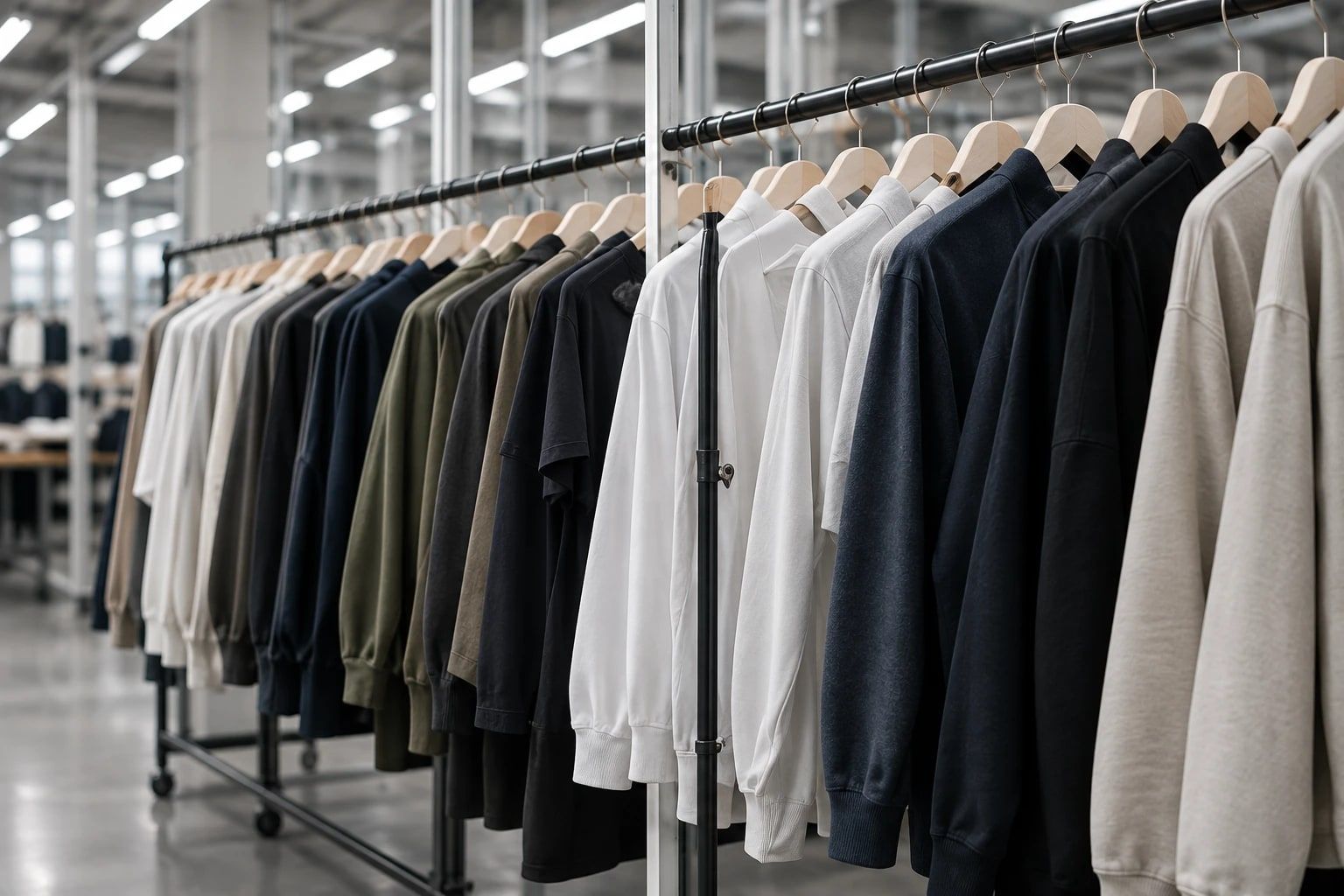 Rail of finished sweatshirts and long-sleeves in neutral colours on a factory floor
