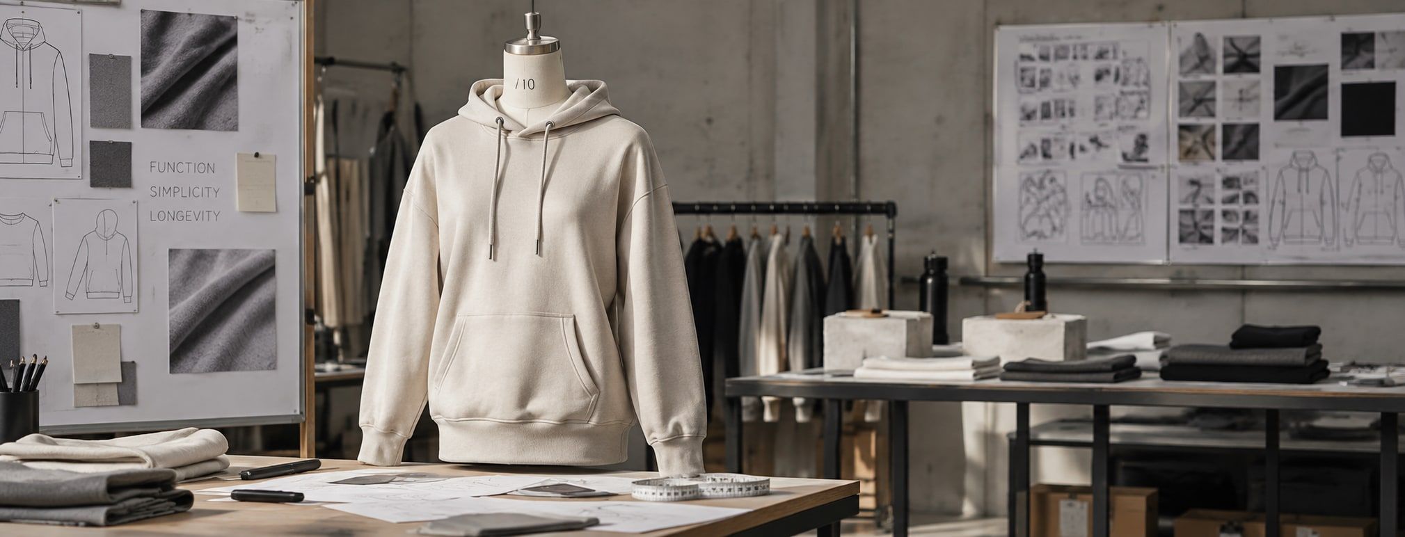 Design studio with a hoodie on a mannequin and mood boards on the wall